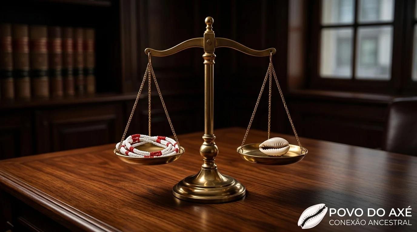 Justiça e Reparação: Brasil Condena Abusos Religiosos em 2026 Balanca da Justica e Simbolos de Matriz Africana Sobre Mesa