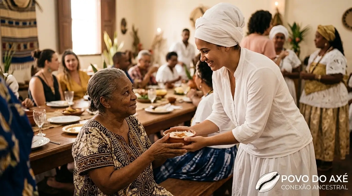 Filha de Santo servindo comida ritual a um visitante