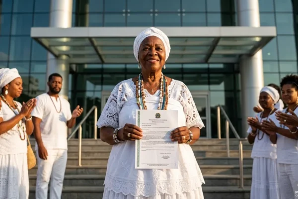 Lideranca De Terreiro Sorrindo Com Documento Em Frente A Tribunal