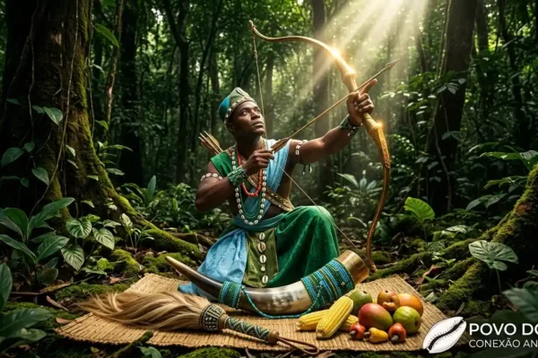 Orixá Oxóssi em meio às matas, representando sua ligação com a natureza